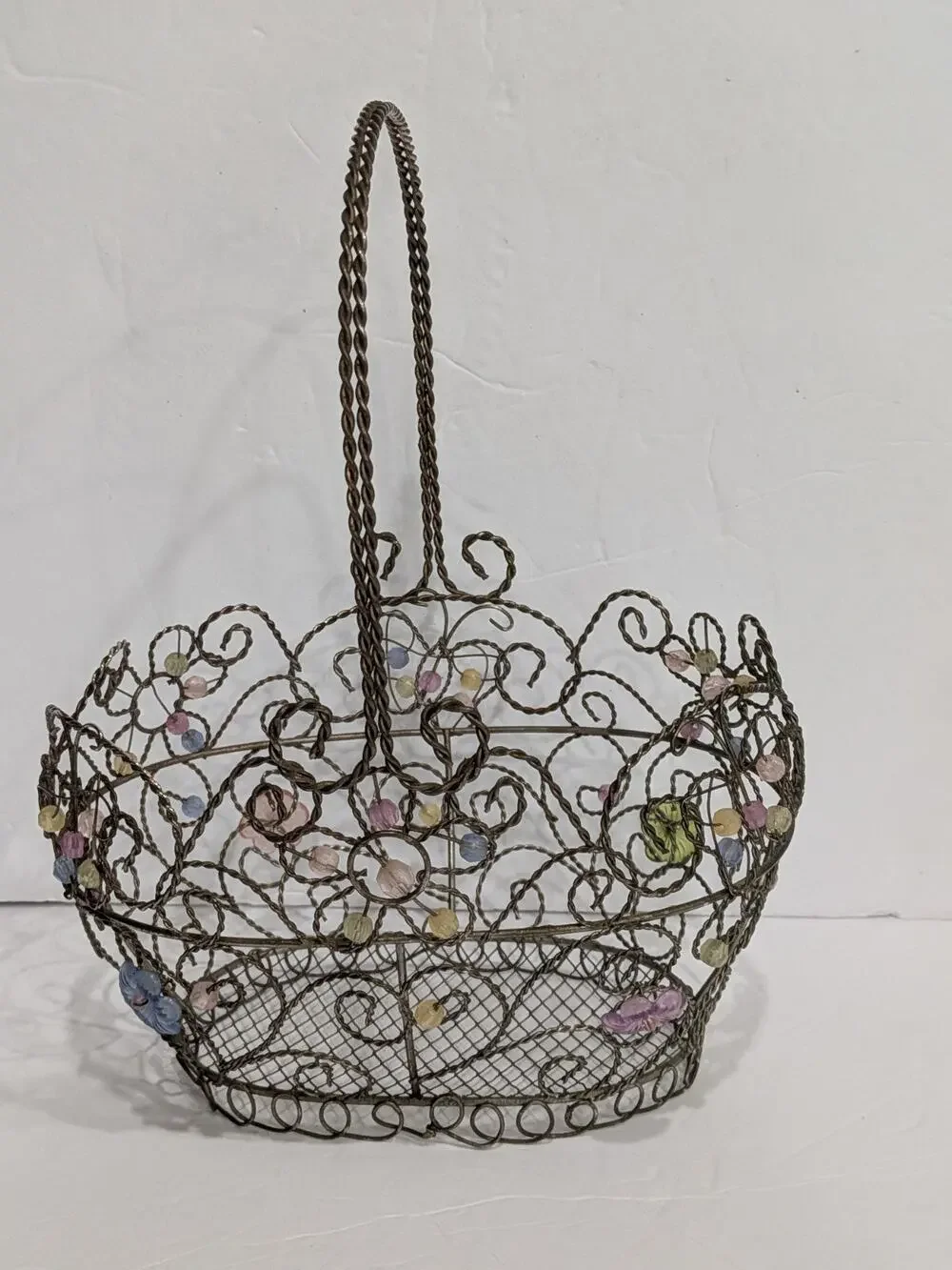 Vintage Style Twisted Wire Easter Basket Beaded Acrylic Floral Decor Shabby Chic